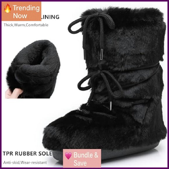 Women's Faux Fur Snow Boots, Non-Slip Winter Boots, Mid-Calf Boots - Picture 6 of 8